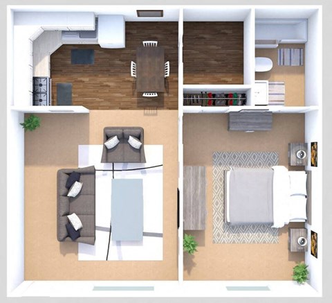 Floor plan for 1 bed, 1 bath, 932 sqft